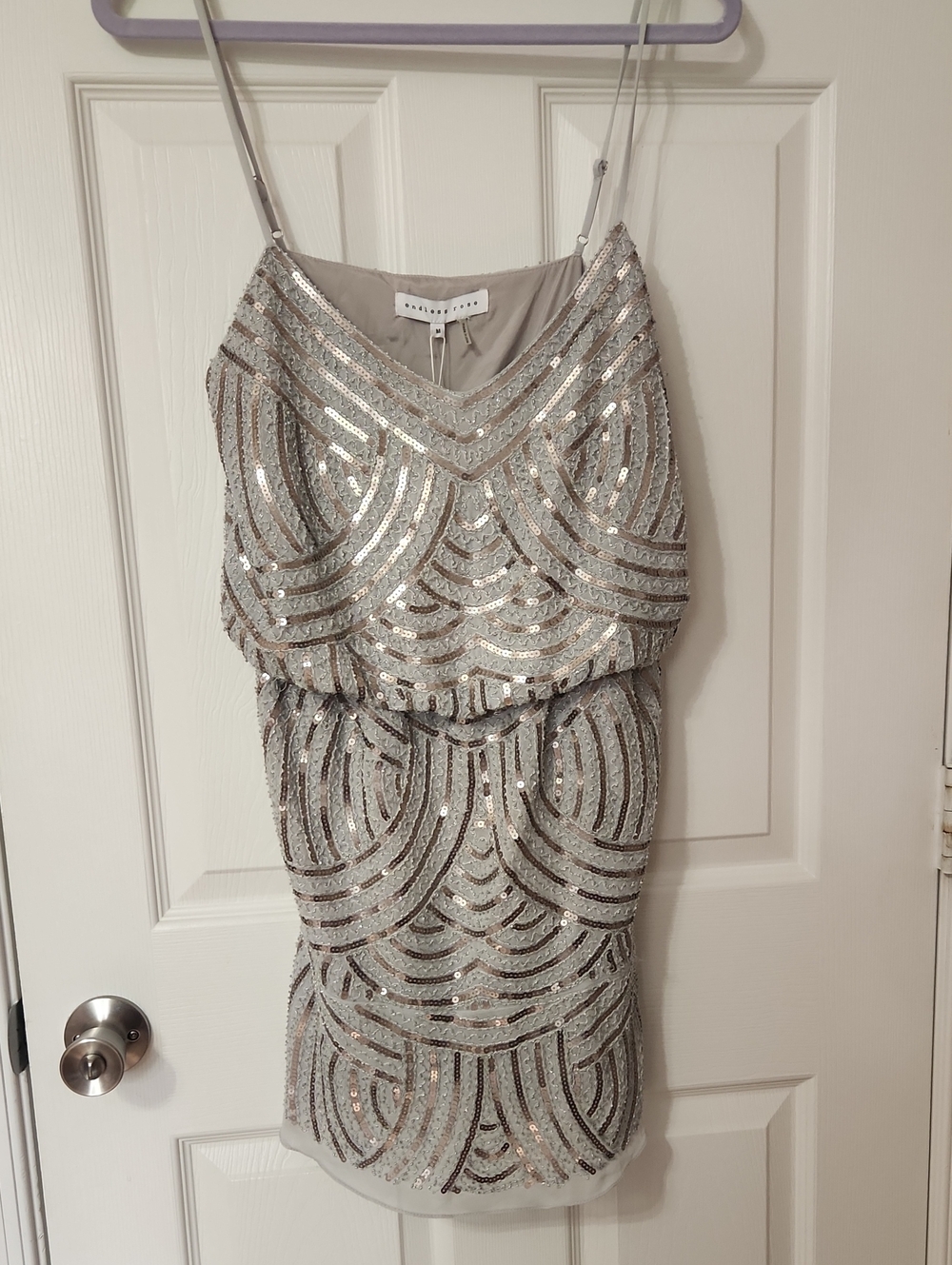 Chic Glam Party Going Out Date Silver Sequin Blouson Endless Rose Mini Dress